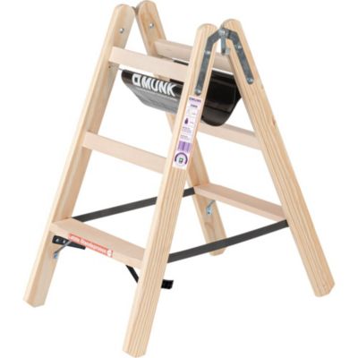 Munk® Holz-Stufen-Stehleiter, Nadelschnittholz/Buche, 80 mm geriffelt, Hufeisenscharniere, 150 kg, Eimerhaken, Textilgurt-Spreizsicherung, 6 Stufen