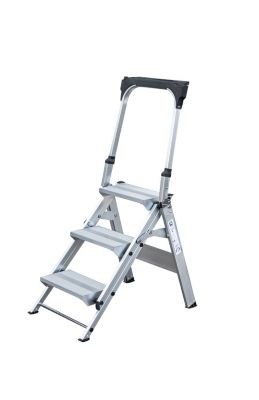 Munk Klapptreppe, Aluminium, stabiler Doppelholm, rutschfeste Kunststoffschuhe, klappbare Haltebügel mit Ablageschale, max. 150 kg, Trittfläche 360 x 205 mm, 3 Stufen