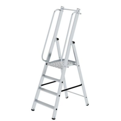 Munk Plattformleiter, 4 Stufen, Aluminium, stabile Rechteckrohr-Holme, große Plattform, Handläufe vormontiert, rutschsichere Leiterschuhe, 150 kg