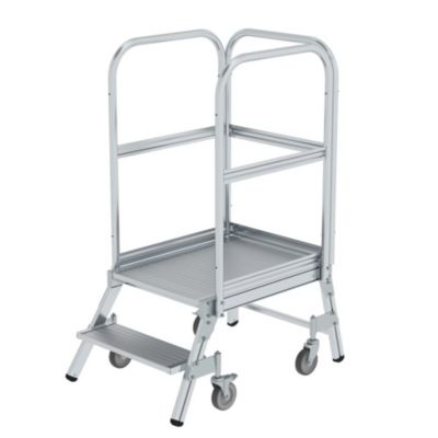 Munk Podesttreppe, 2 Stufen, einseitig begehbar, Rechteckrohr-Holme, Plattform B 600 x T 800 mm, 3-seitiges Geländer, max. 150 kg