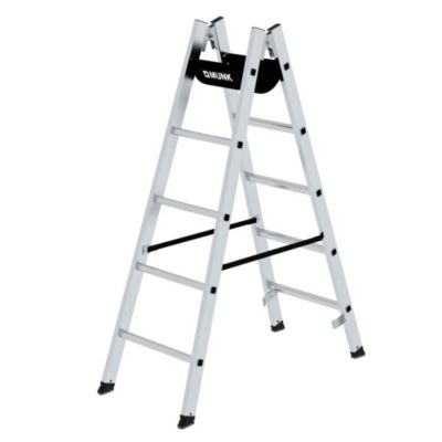 Munk Sprossen-Stehleiter, Aluminium, Rechteckrohr-Holme, geriffelte Sprossen, nivello® Leiterschuhe, max. 150 kg, Polyestergurt-Spreizsicherung, 10 Sprossen