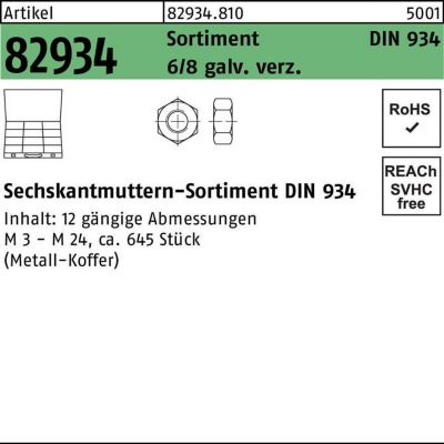 Muttersortiment DIN 934, 45-teilig, galv. verzinkt, Sechskantmuttern, REYHER Artikel 82934