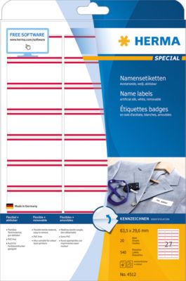Namens- und Textiletiketten Herma, A4, 63,5 x 29,6 mm, weiß, rote Streifen, 540 Stück