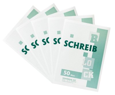 Notizblock, kariert, DIN A4, 50 Blatt, ohne Lochung, Recycling-Papier, weiß, 5 Stück