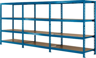 Offre complète Rayonnage emboîtable à grande portée 600, L 4650 x P 600 x H 2000 mm, 1 rayonnage de base, 2 rayonnages additionnels & 12 tablettes, acier, bleu ciel RAL 5015