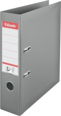 Ordner Esselte® No. 1, A4, Rückenbreite 75 mm, für ca. 500 Blatt, Hebelmechanik, Rückenschild, Griffloch & Raumsparschlitze, FSC®-Karton, grau