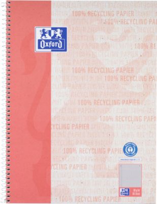 Oxford Collegeblock Recycling, 80 Blatt, DIN A4+, 90 g/m², 4-fach gelocht, Spiralbindung, OPTIK PAPER®, kariert, Rand links, rot