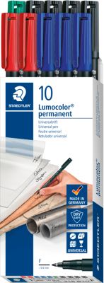 Permanentmarker Staedtler Lumocolor® 318, Strichstärke F, wisch- & wasserfest, schnell trocknend, nachfüllbar, mit Clip, farbsortiert, 10 Stück