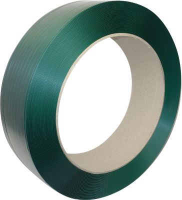 PET KU Polyesterband, L 1200 m x B 15,5 mm, Stärke 0,9 mm, Kern-Ø 406 mm, bis 555 kg, 100 % Recyclingmaterial, grün, geprägt