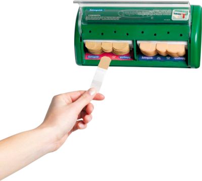 Pflasterspender Salvequick®, nachfüllbar, inkl. 45 wasserabweisenden & 40 elastischen Pflasterstrips, B 230 x T 55 x H 120 mm, Kunststoff, grün