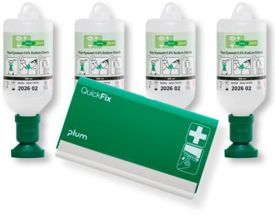 Plum Starterset Augen-Spülung 4×500 ml 0,9 % + QuickFix Spender leer, EN 15154-4, Haltbarkeit 3,5 Jahre
