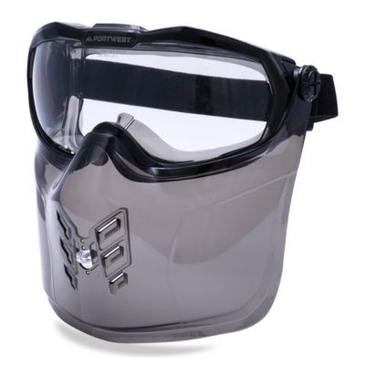 Portwest Schutzbrille Ultra Safe, Vollsicht, als Überbrille nutzbar, indirekt belüftet, klappbarer Kinnschutz, PC/PVC/ABS, glasklar-transparent