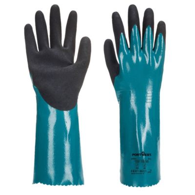 Portwest Schutzhandschuh Grip Lite, Stulpenhandschuh, feuchtigkeitsabweisend, gefüttert, Nitril/Nylon, blau-schwarz, XL, 1 Paar