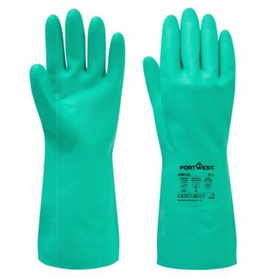Portwest Schutzhandschuh Nitrosafe, Stulpenhandschuh, chemikalienbeständig, Nitrilgumm/Baumwolle, L, grün, 12 Paar