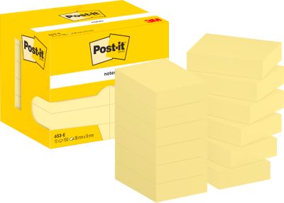 POST-IT Haftnotizen 653, 51 x 38 mm, selbsthaftend, wiederablösbar, cellophanfrei verpackt, 12 x 100 Blatt, gelb