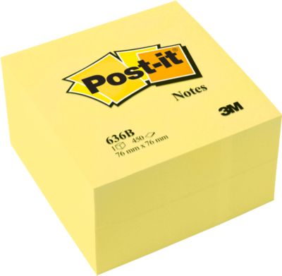 POST-IT Haftnotizen 653 Würfel, 76 x 76 mm, selbsthaftend, wiederablösbar, cellophanfrei verpackt, 450 Blatt, gelb