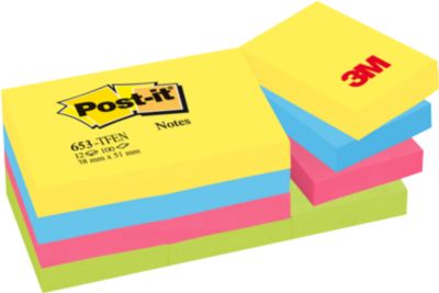 POST-IT Haftnotizen Notes 622-12SS-COS, 51 x 38 mm, wiederablösbar, cellophanfrei verpackt, farbig, 12 x 100 Blatt