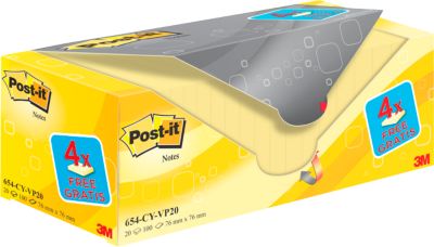 Post-it® Haftnotizen Notes 654Y-20, B 76 x T 76 mm, PEFC®-Papier, gelb, 16 + 4 Blöcke gratis, 100 Blatt/Block