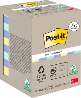 Post-it® Haftnotizen Recycling Notes 654-RCP10, B 76 x T 76 mm, PEFC®-Papier, farbig, 8 + 2 Blöcke, 100 Blatt/Block