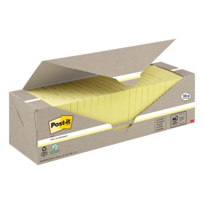 Post-it® Haftnotizen Recycling Notes 654-RYP24, B 76 x T 76 mm, PEFC®-Papier, gelb, 18 + 6 Blöcke, 100 Blatt/Block