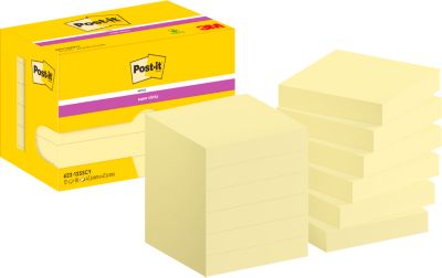POST-IT Haftnotizen Super Sticky Notes 622-12SSCY, 51 x 51 mm, wiederablösbar, cellophanfrei verpackt, kanariengelb, 12 x 90 Blatt