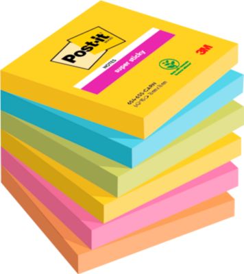 POST-IT Haftnotizen Super Sticky Notes Carnival 654-6SS-CARN, 76 x 76 mm, wiederablösbar, cellophanfrei verpackt, farbig, 6 x 90 Blatt