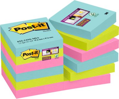 POST-IT Haftnotizen Super Sticky Notes Cosmic 622-12SS-COS, 48 x 48 mm, wiederablösbar, cellophanfrei verpackt, farbig, 12 x 90 Blatt