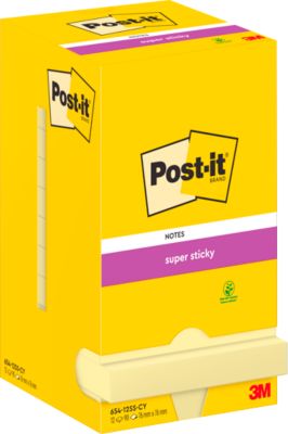 Post-It® Haftnotizen Super Sticky Notes, gelb, 76 x 76 mm, 90 Blatt/Block, 12 Blöcke, in Kartonverpackung