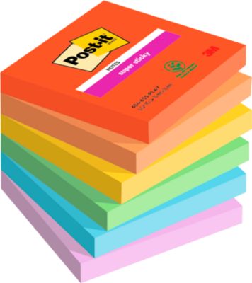 POST-IT Haftnotizen Super Sticky Notes Playful 654-6SS-PLAY, 76 x 76 mm, wiederablösbar, cellophanfrei verpackt, farbig, 6 x 90 Blatt