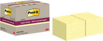 Post-it® Haftnotizen Super Sticky Recycling Notes 654 RSS12CY, B 76 x T 76 mm, PEFC®-Papier, gelb, 12 Blöcke, 70 Blatt/Block