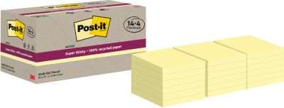 Post-it® Haftnotizen Super Sticky Recycling Notes 654 RSSCY 14+4F, B 76 x T 76 mm, PEFC®-Papier, gelb, 14 + 4 Blöcke gratis, 70 Blatt/Block