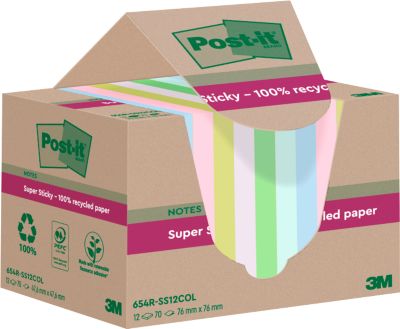 Post-it® Haftnotizen Super Sticky Recycling Notes RSS12COL, B 76 x T 76 mm, PEFC®-Papier, farbig, 12 Blöcke, 70 Blatt/Block