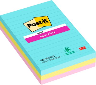 Post-it® Haftnotizen Super Sticky XL Notes Cosmic, 101 x 152 mm, farbig & liniert, 3 Blöcke á 90 Blatt