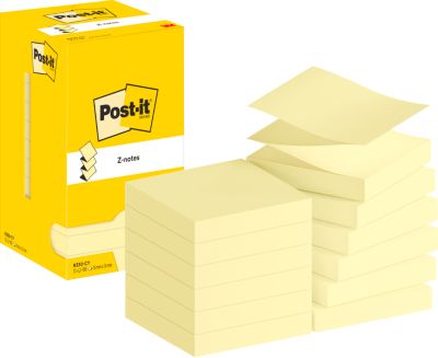 POST-IT Haftnotizen Super Sticky Z-Notes R330, 76 x 76 mm, wiederablösbar, cellophanfrei verpackt, 12 x 100 Blatt, gelb