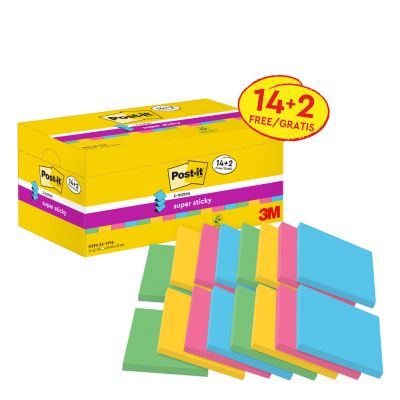 Post-it® Haftnotizen Super Sticky Z-Notes R330S16, B 76 x T 76 mm, PEFC®-Papier, farbig, 14 + 2 Blöcke gratis Blöcke, 90 Blatt/Block