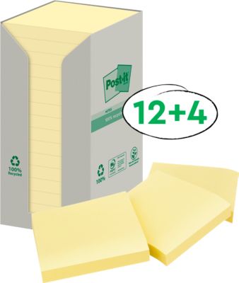 Post-it® Recycling Notes 654-1T, B 76 x H 76 mm, 100 % Recycling-Papier, gelb, 16 Blöcke á 100 Blatt