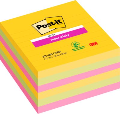 Post-it® Super Sticky Notes Carnival 675-6SS-CARN, 101 x 101 mm, farbig & liniert, 6 Blöcke á 90 Blatt