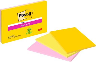 Post-it® Super Sticky Notes im Großformat 6445-3SS-EU, Verschiedene Farben, 152 mm x 101 mm, 45 Blatt/Block, 3 Blöcke/Packung, 100% PEFC