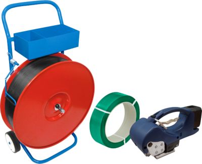 Profi-Umreifungsset, mit Abrollwagen lackiert, Akku-Umreifungsgerät BW-ECO-Plus & KU Polyesterband, L 2000 m x B 15,5 mm, Stärke 0,65 mm, geprägt, grün