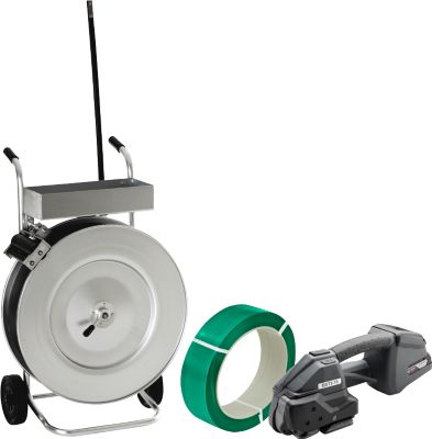 Profi-Umreifungsset, mit Abrollwagen vollverzinkt, Akku-Umreifungsgerät BXT3-16 & KU Polyesterband, L 1700 m x B 16 mm, Stärke 0,73 mm, geprägt, grün