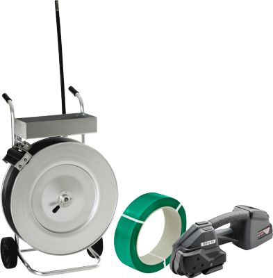Profi-Umreifungsset, mit Abrollwagen vollverzinkt, Akku-Umreifungsgerät BXT3-19 & KU Polyesterband, L 1200 m x B 18,5 mm, Stärke 0,85 mm, geprägt, grün