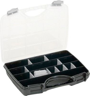 Raaco Allzweckkoffer Assorter A 46, mit 21 losen Trennwänden, B 388 x T 290 x H 61 mm, aus Polypropylen, transparent/schwarz