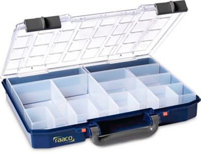 Raaco Sortimentskoffer CarryLite 55 4x8-16, mit 16 Einsätzen, B 337 x T 278 x H 57 mm, aus Polycarbonat/Polypropylen, transparent/blau