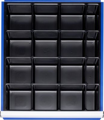 Rau Einteilungsset für Schublade Grösse L, 16 Fächer, Stahlblech, B 490 x T 560 x H 47 mm, Fronthöhe 60–90 mm, silber