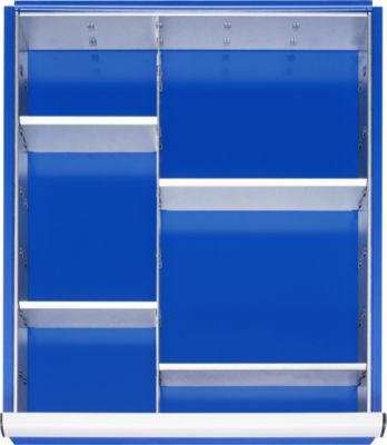 Rau Einteilungsset für Schubladen Größe L, Stahlblech, B 490 x T 560 x H 47 mm, Fronthöhen 60–90 mm, einsetzbar bis 120–360 mm, silber