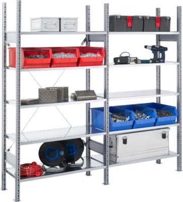 Rayonnage à emboîter FBR 2200, rayonnage complet 2,08 m, 1 module de base et 1 module d’extension avec 10 tablettes, H 2013 x l. 2080 x P 600 mm