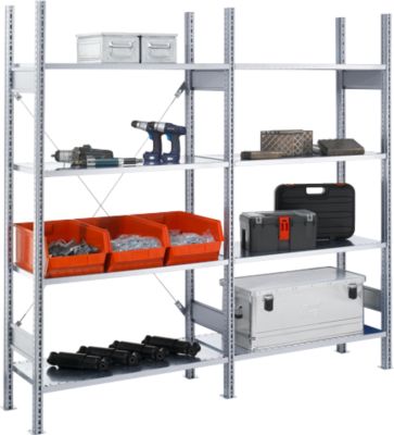 Rayonnage à emboîter FBR 2200, rayonnage complet 2,08 m, 1 module de base et 1 module d’extension avec 8 étagères, H 2013 x l. 2080 x P 300 mm