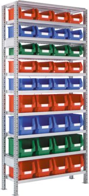 Rayonnage à emboîter R 3000, l. 1055 x P 400 x H 2278 mm, 1 rayonnage de base, 10 étagères et 36 bacs à bec en polyéthylène