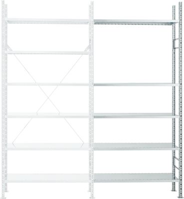 Rayonnage à emboîter R 3000, Rayonnage complet 5,155 m, 1 module de base et 4 modules d’extension avec 25 étagères, laqué, H. 2278 x l. 5155 x P 300 mm