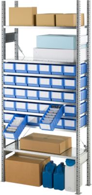 Rayonnage de base R 3000 – acier – L 1055 x P 400 x H 2278 mm – 1 section de base avec 8 étagères + 30 bacs de rayonnage RK 421 – galvanisé